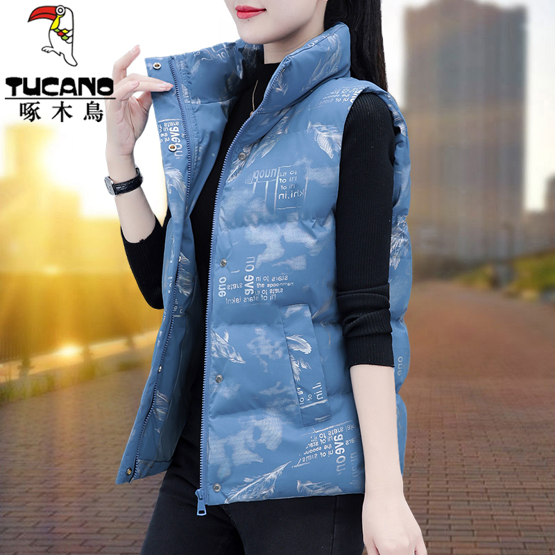 【官方正品】啄木鸟立领马甲冬季2025新款时尚印花厚款马夹外套女士