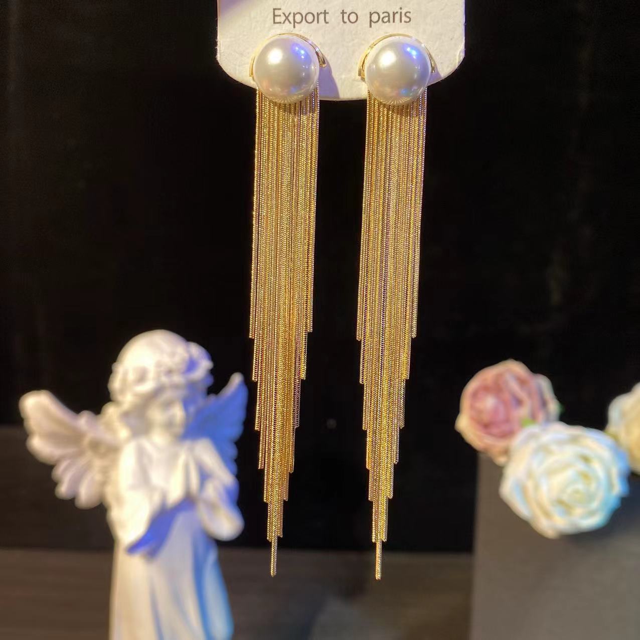 铜合金耳饰 叙白】轻奢气质时尚百搭珠珠长款流苏耳环优雅简约耳钉