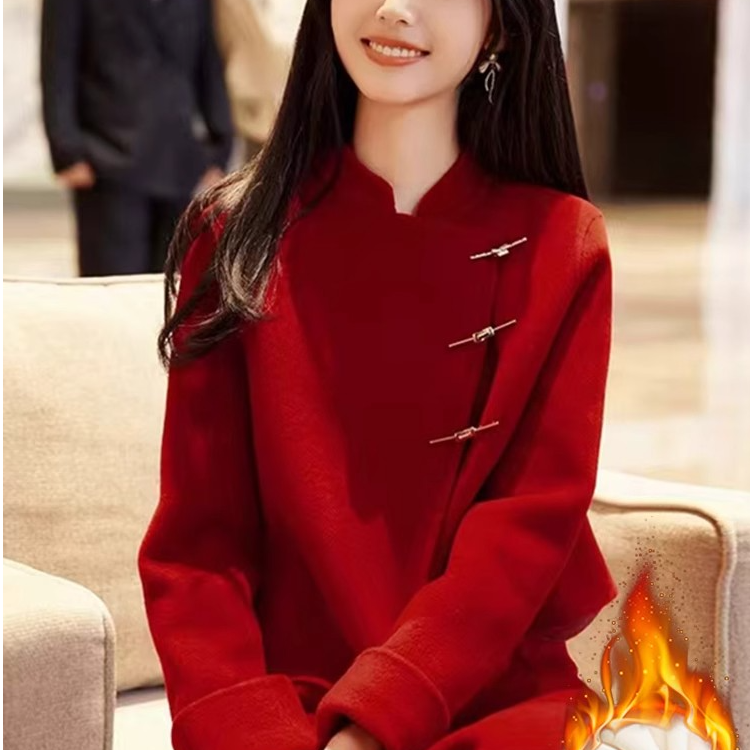 新中式国风红色毛呢套装女秋冬季订婚礼服上衣半身裙高级感两件套