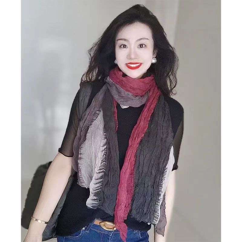 新款棉麻围巾拼接扎染褶皱长条丝巾长巾百搭拼色复古文艺四季款