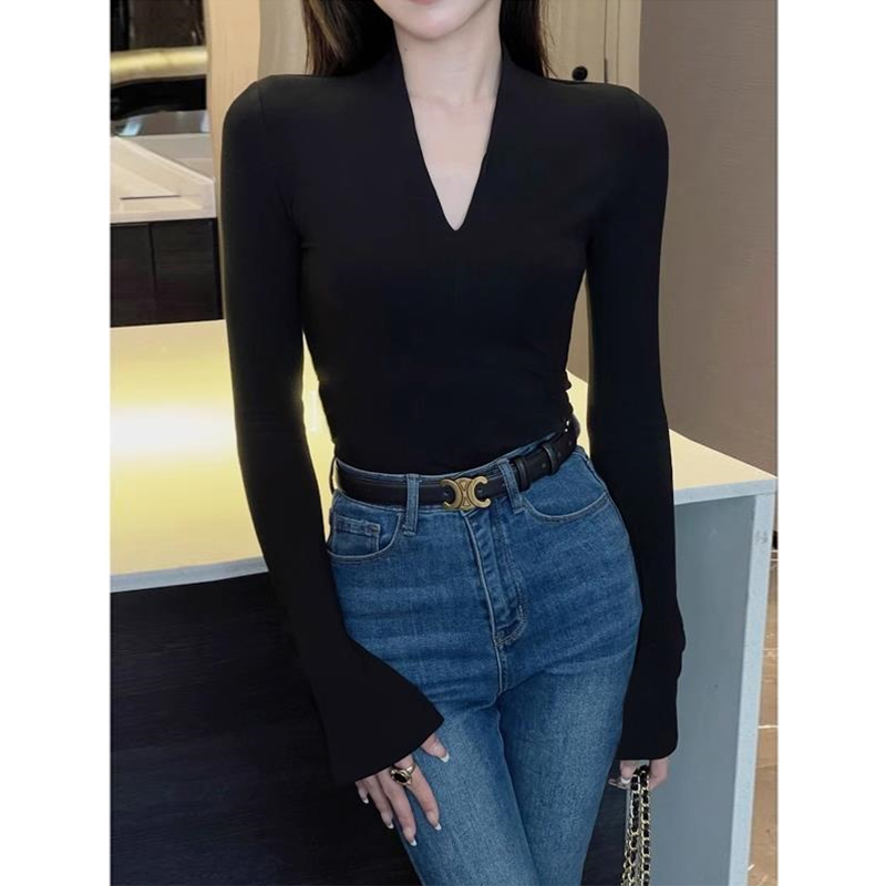 打底衫女秋冬季V领洋气修身显瘦辣妹T恤长袖低领黑色内搭紧身上衣