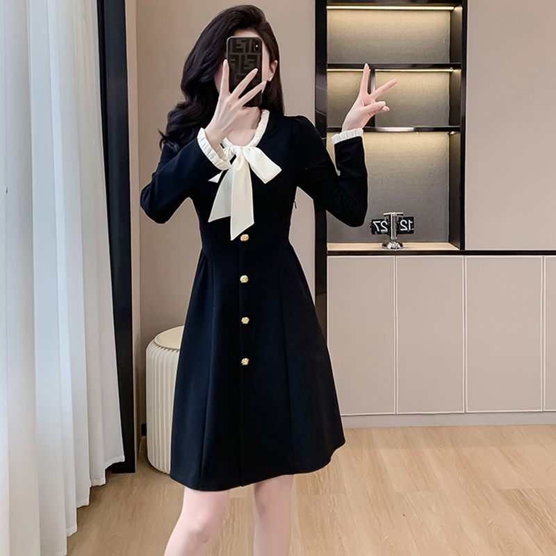 TW法式复古小香风蝴蝶结系带连衣裙高级感收腰气质赫本小黑裙2339