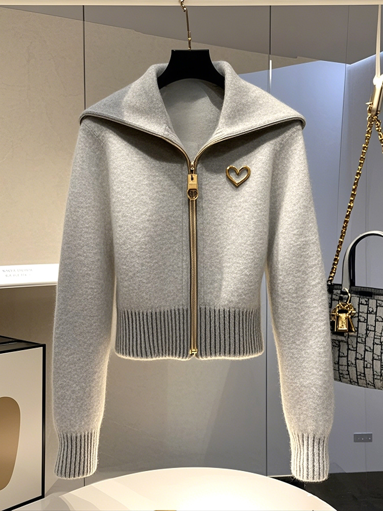 韩系chic灰色大翻领毛衣开衫外套女款2024冬季百搭超好看保暖上衣