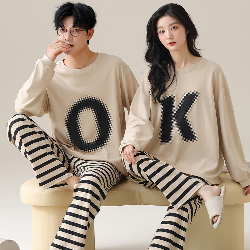 春秋季情侣睡衣长袖纯棉一男一女套装秋款100％全棉甜美冬天家居服