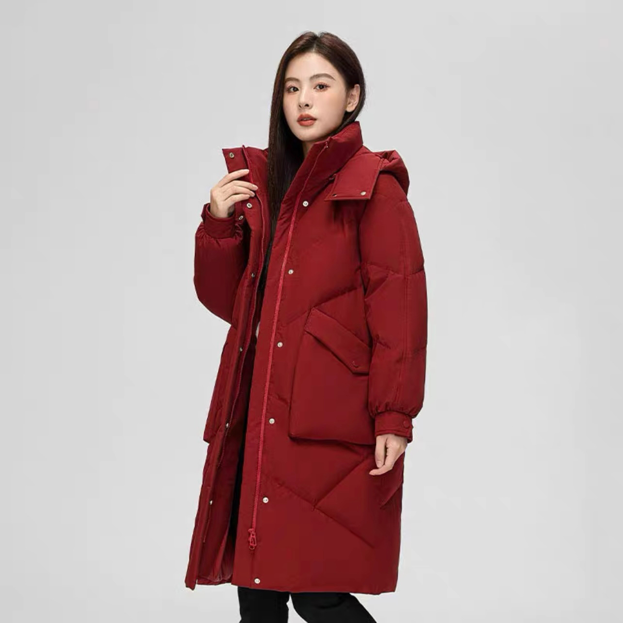 木笛极寒系列冬新长款连帽脱卸保暖收腰90绒羽绒服女小个子82639