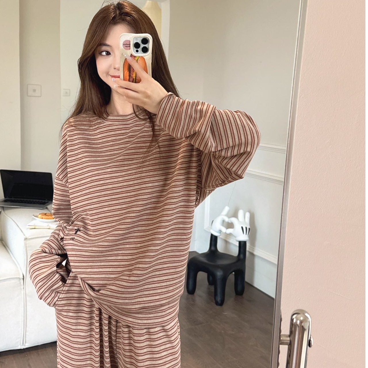 MOTIE/末帖2024早春新款高端刺绣休闲素雅条纹套装睡衣女套装