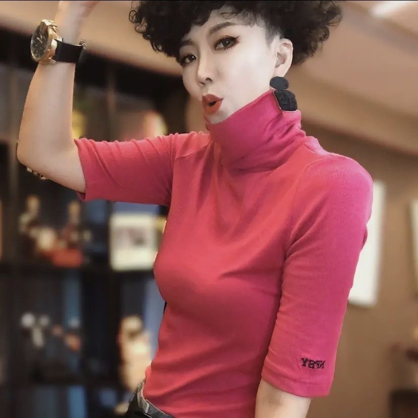 欧洲站春秋新款高领五分袖打底衫女弹力棉休闲显瘦半袖减龄上衣女