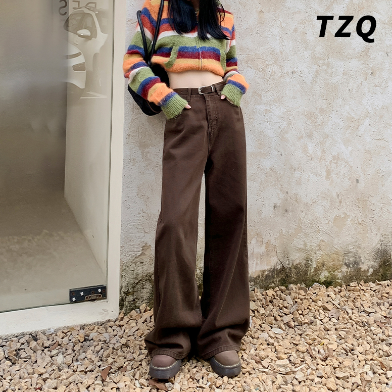 垂感阔腿牛仔裤女春夏2025年新款美式窄版直筒拖地裤子TZQ121371