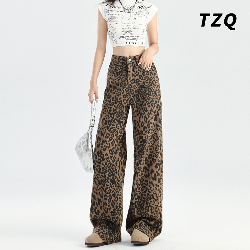美式豹纹慵懒风牛仔裤女2024新款高腰设计感直筒阔腿裤子TZQ80356