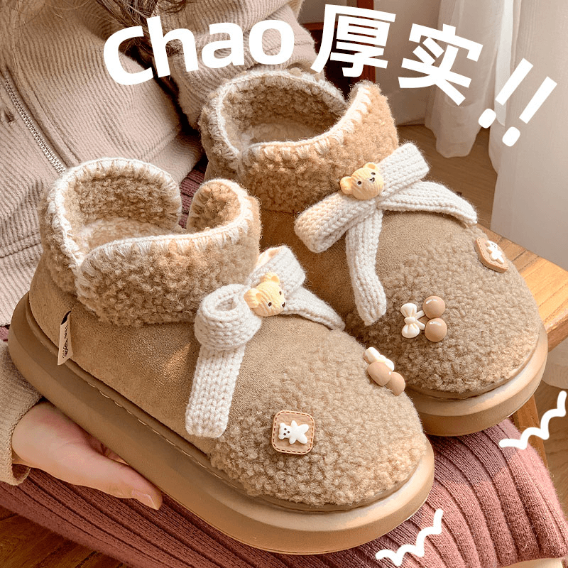 【小熊雪地靴】冬季新款保暖搭子可爱女鞋蝴蝶结高帮棉拖加厚雪地靴