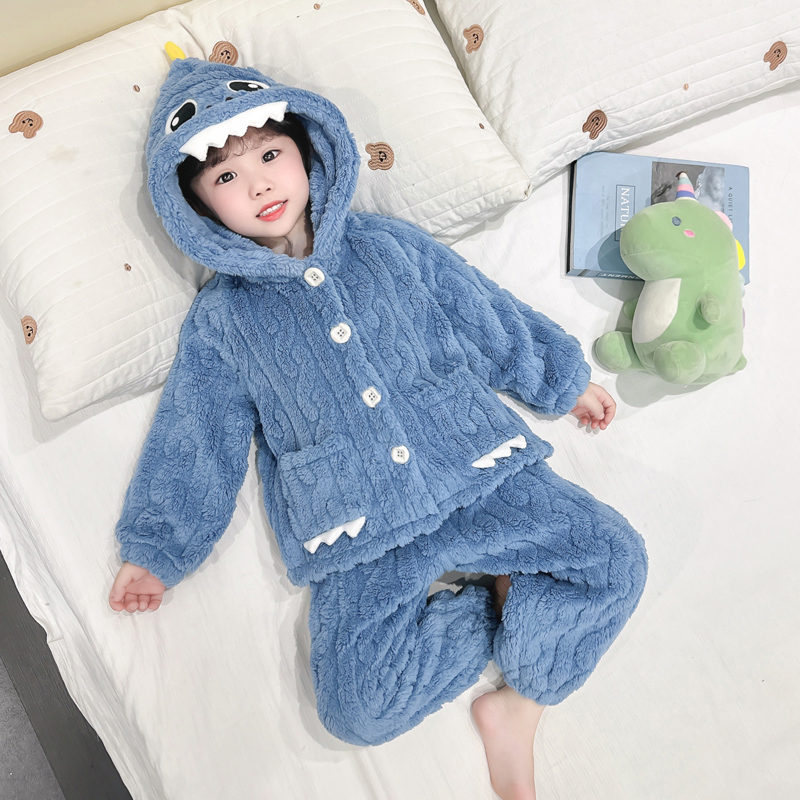 儿童可爱恐龙连体睡衣加厚珊瑚绒秋冬款男女宝宝保暖法兰绒家居服