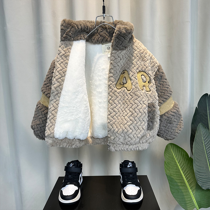 男童加绒外套冬款2025新款洋气宝宝毛毛衣网红儿童装加厚上衣棉服