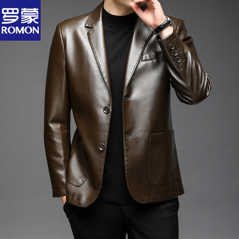 Romon/罗蒙秋季新款皮衣男士西装外套休闲商务皮夹克秋季皮西服