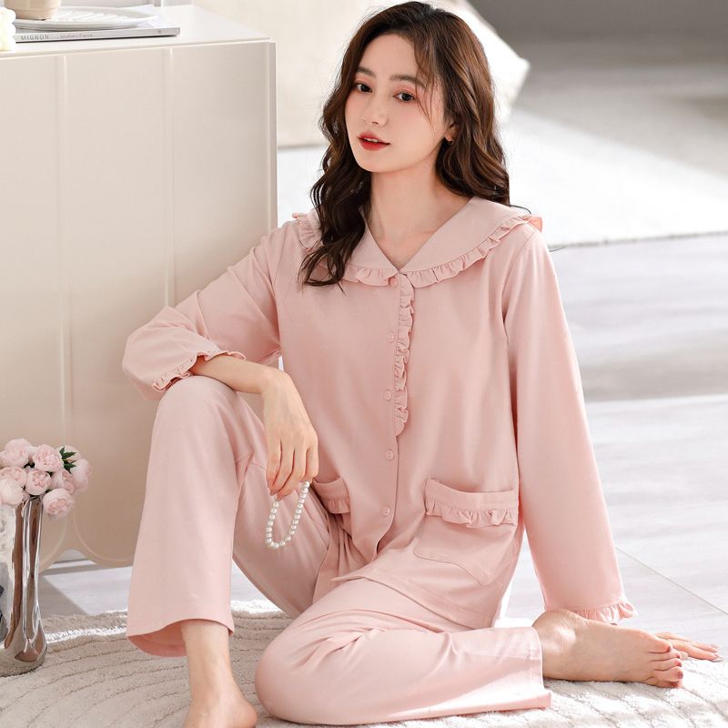 带胸垫睡衣女甜美可爱春秋季薄款长袖长裤开衫家居服套装简约舒适