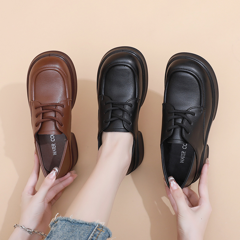 沈都2025新款英伦女士乐福鞋厚底轻便耐磨皮鞋女鞋增高系带单鞋