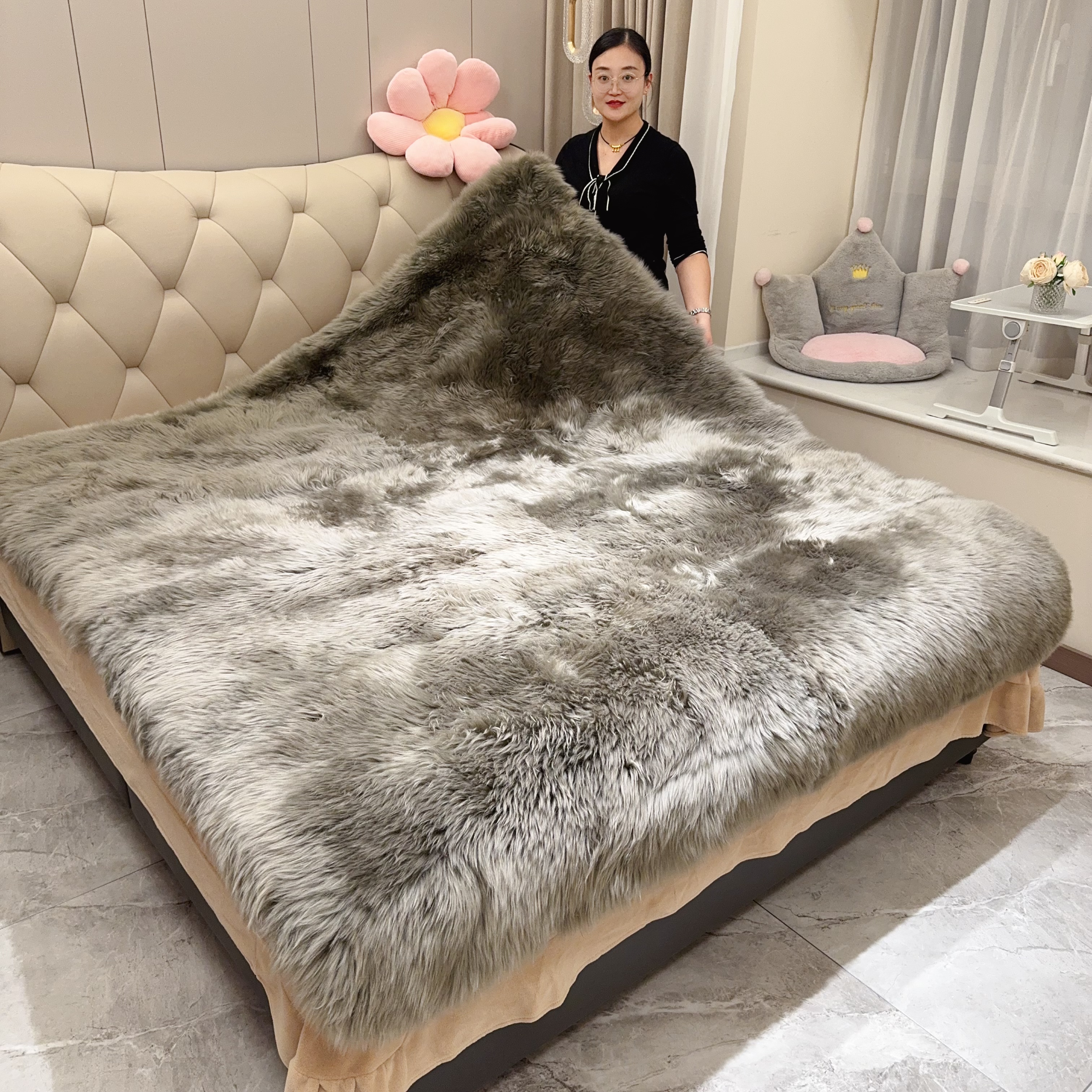 日式卡棕色双人羊皮褥子保暖防潮床毯老人羊皮垫子羊毛毯