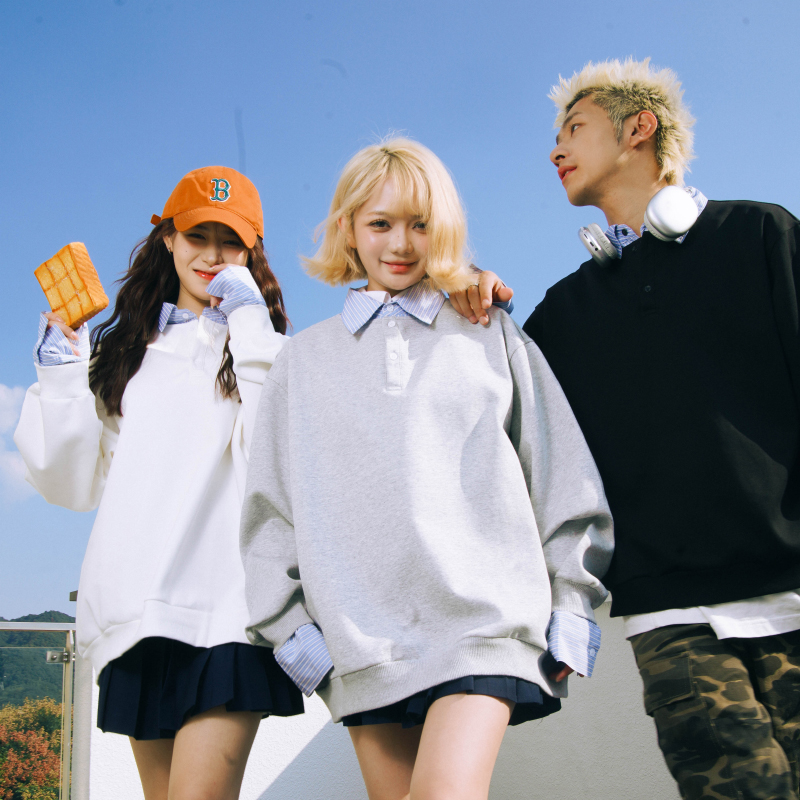 韩版假两件撞色拼接卫衣长袖男女翻领宽松百搭套头上衣