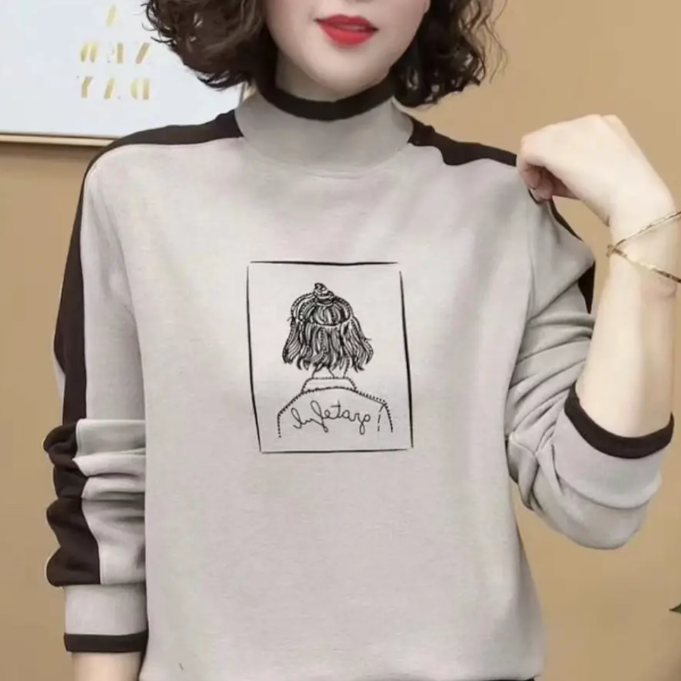 秋冬新款半高领双面绒打底衫女气质女孩印花烫钻百搭保暖减龄上衣