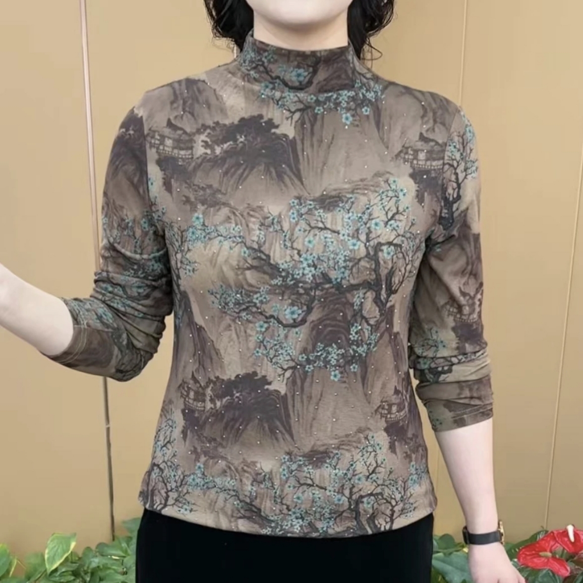 秋季新款半高领长袖打底衫女烫钻印花显瘦气质妈妈装上衣百搭小衫