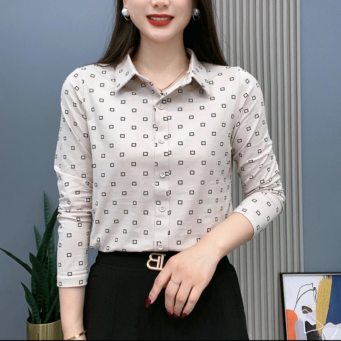 春秋新款长袖衬衫女修身显瘦洋气衬衣时尚翻领打底衫休闲百搭上衣