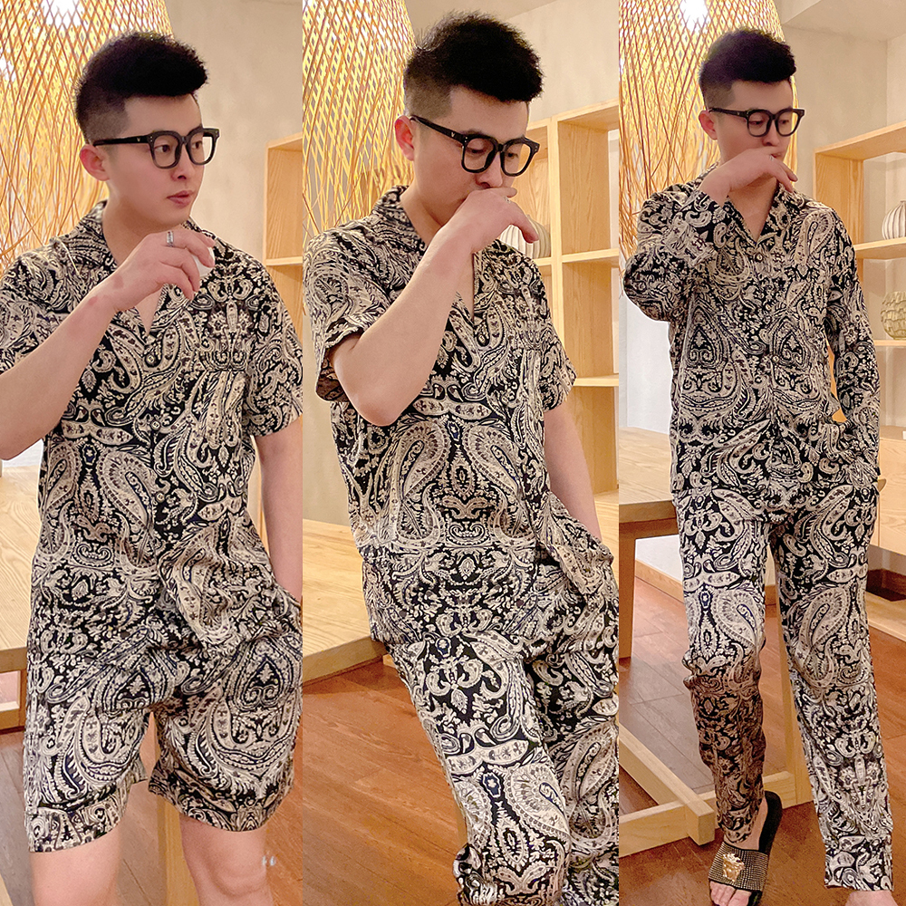 青年外穿印花家居服冰丝大码2025夏季奢华薄款时尚夏天睡衣男套装
