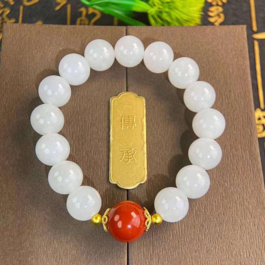 新疆和田玉手链羊脂白玉手串男女南红天然玉石古法白圆珠单圈首饰