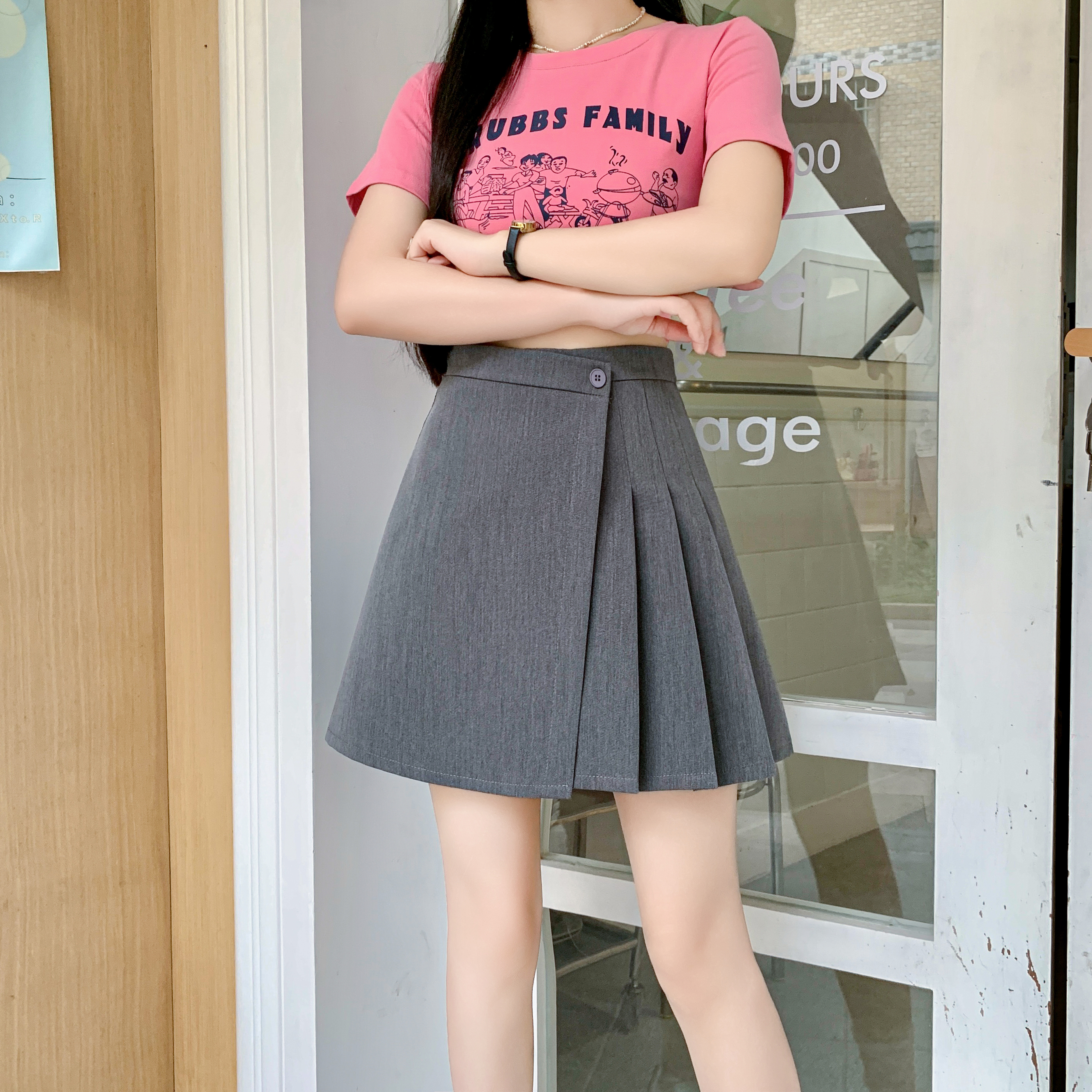 2025新款灰色半身裙子女秋季小个子高腰a字百褶短裙西装裙包臀裙