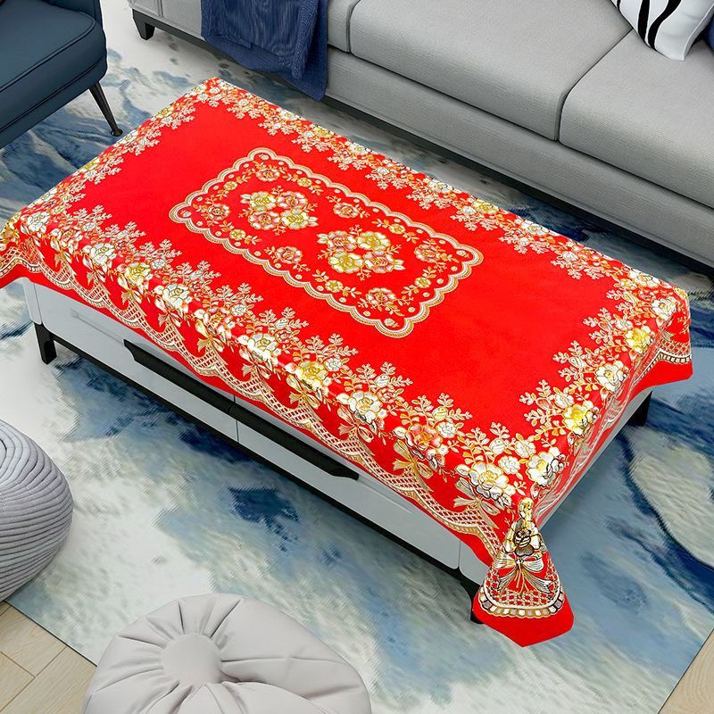 新款百搭喜庆富贵花长方形防水防滑防油烫金茶几桌布家用结婚均可