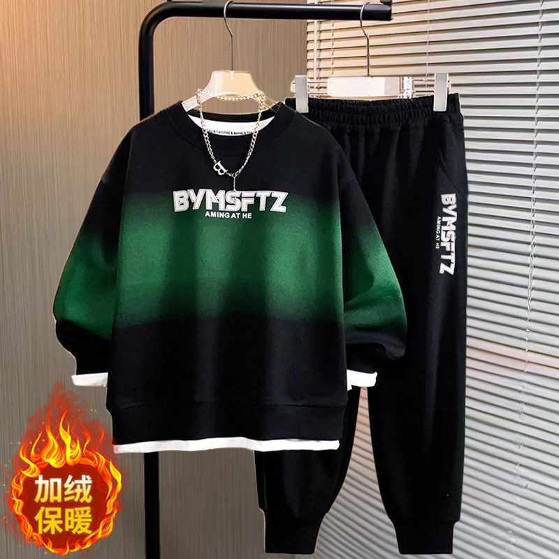 小胖墩胖男童加绒套装冬装中大童一体绒保暖卫衣加厚款运动两件套