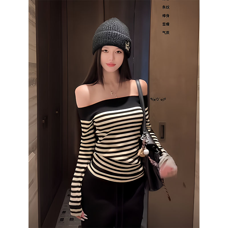 2025秋季新款美式气质辣妹露肩条纹长袖针织上衣高腰直筒休闲长裤