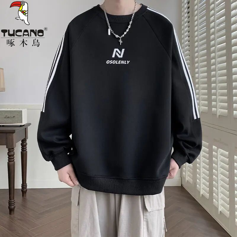 啄木鳥春秋季新款圆领卫衣男棉质休闲宽松条纹长袖上衣学生潮流