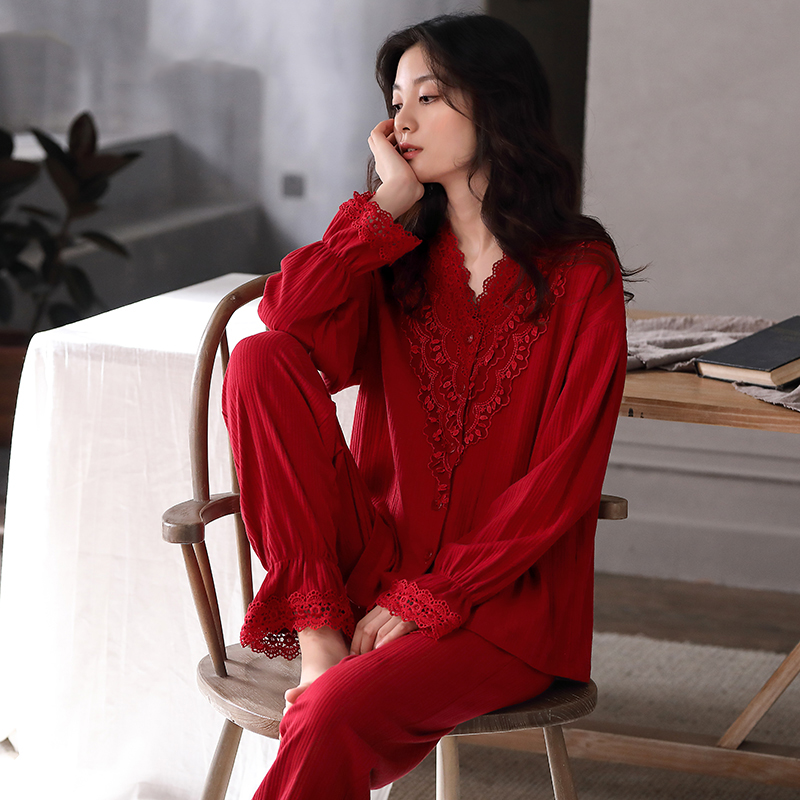 秋冬新款睡衣女套装纯棉长袖家居服大红色马年新婚新娘本命年睡衣