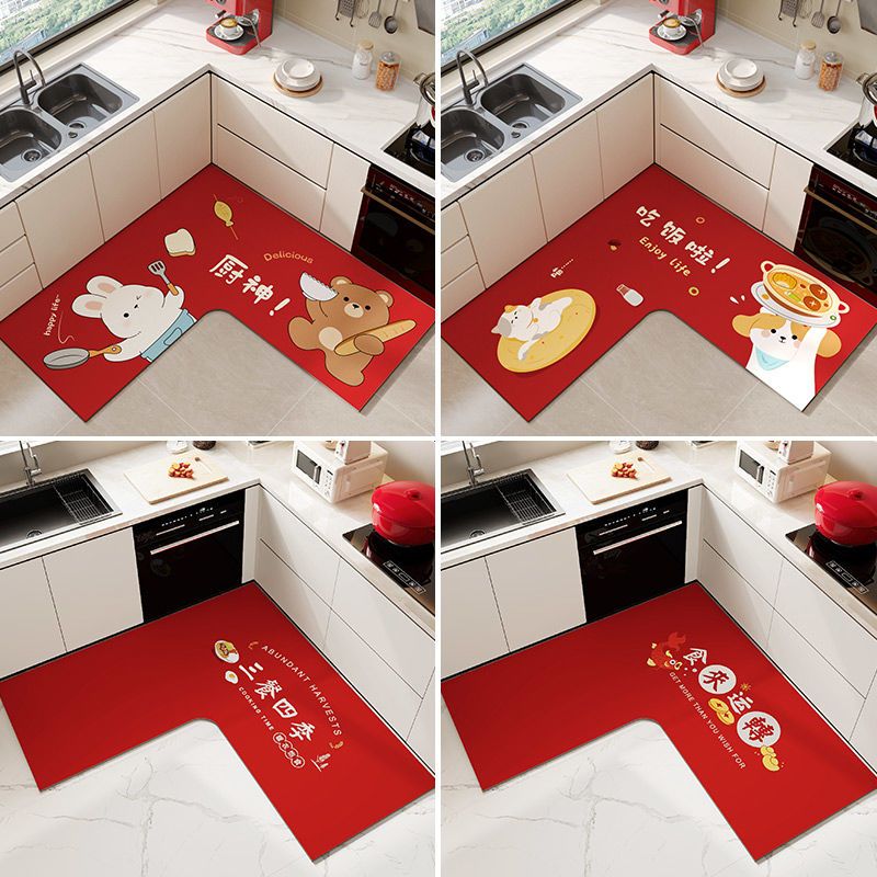 红色喜庆厨房地垫软硅藻泥吸水吸油耐脏脚垫室内加厚L形防滑地毯