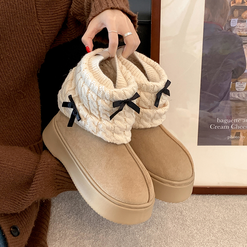 南在南方蝴蝶结增高保暖厚底雪地靴女款2025新款冬季加绒加厚棉鞋