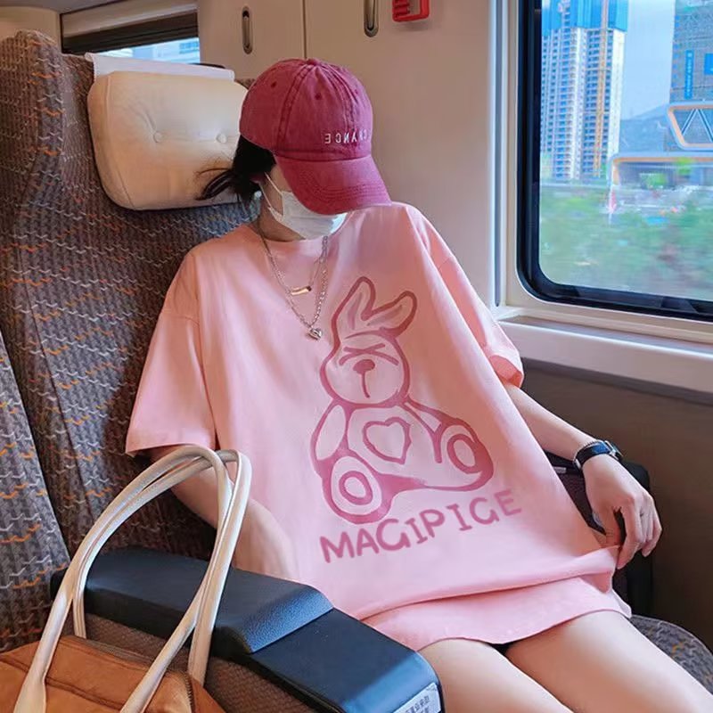t365#粉色圆领短袖t恤女宽松2023年夏季新款大版兔子中长款体恤潮
