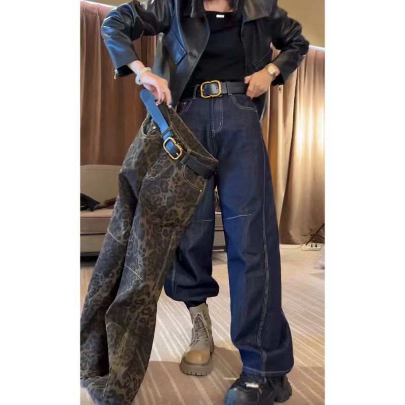 飞芊娅2024秋季新款洋气豹纹高腰牛仔裤女胖MM宽松遮肉弯刀阔腿裤