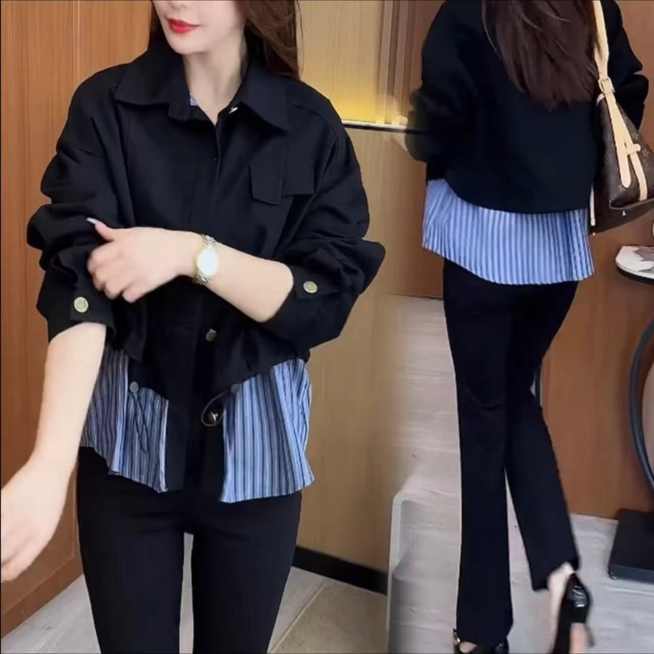 短款外套女2025春季新款韩版洋气宽松百搭休闲拼接假两件夹克上衣