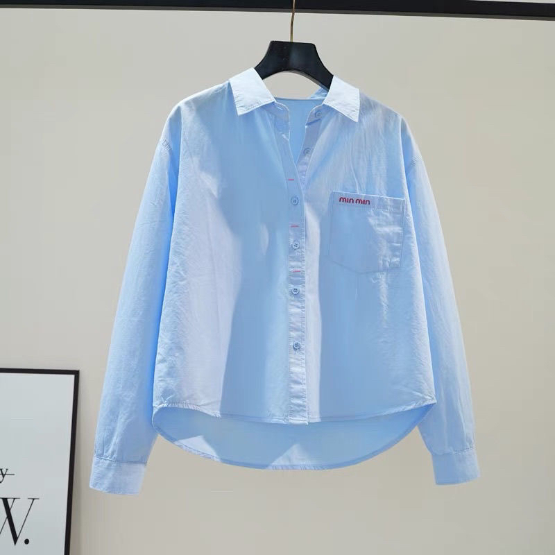 天蓝色短款棉衬衫女刺绣字母口袋宽松长袖衬衣2025秋季小清新上衣