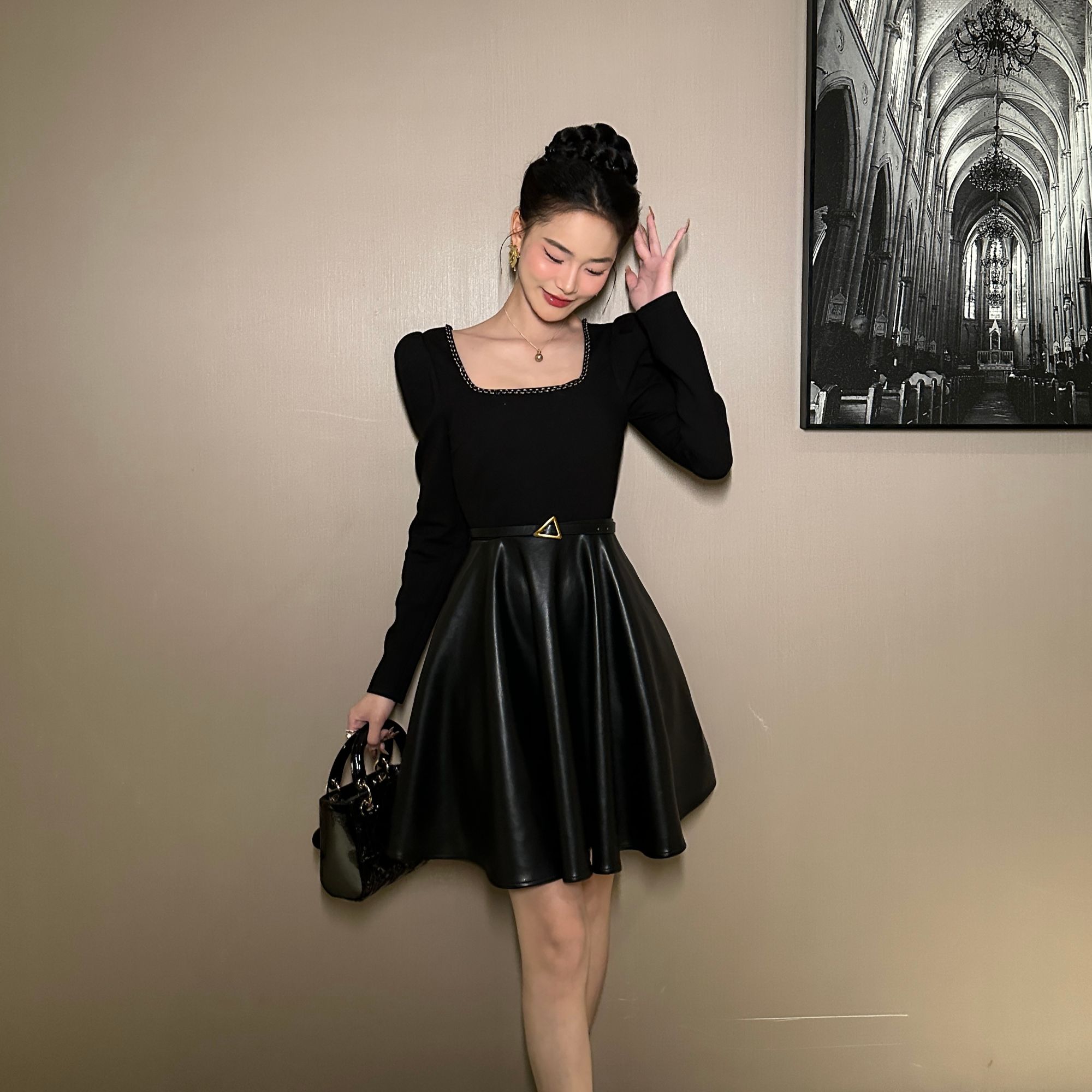 【花花原创】复古拼接皮裙子时尚名媛轻奢气质显瘦宴会连衣裙21525