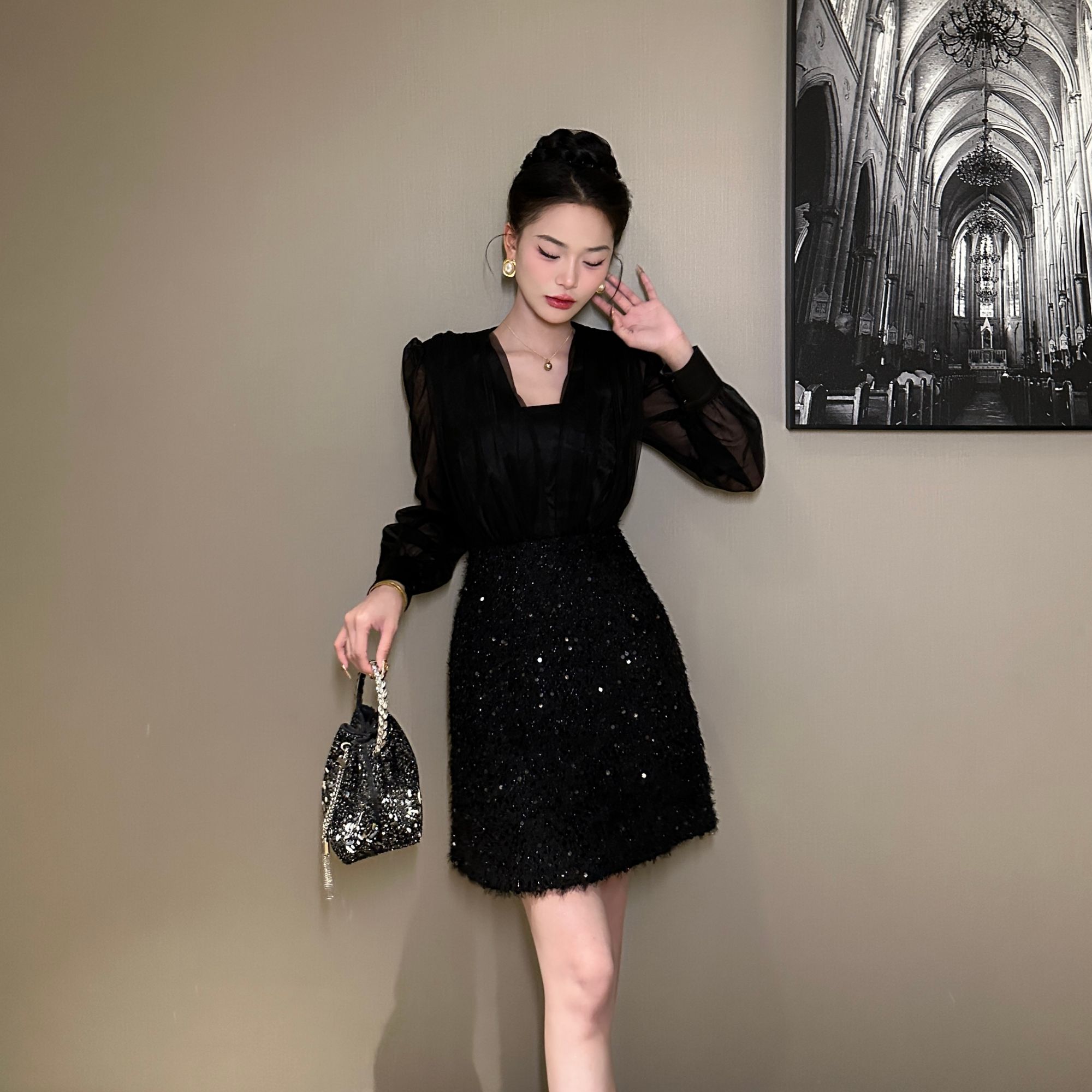 【花花原创】名媛收腰法式气质显瘦蕾丝优雅修身拼接连衣裙 9915