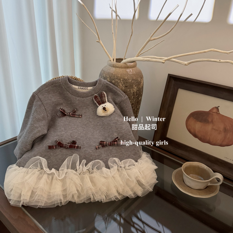 女童加绒卫衣裙2025秋冬装宝宝韩系甜美一体绒加厚洋气兔子连衣裙