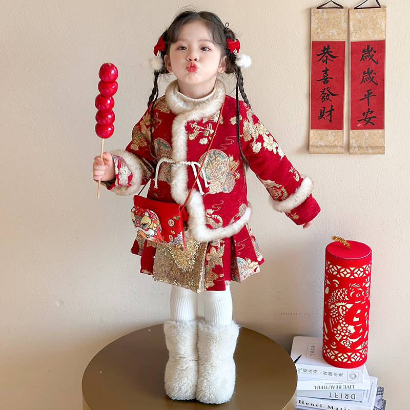 拜年服女童唐装国风加绒套装冬季儿童汉服新年衣服宝宝中式表演服