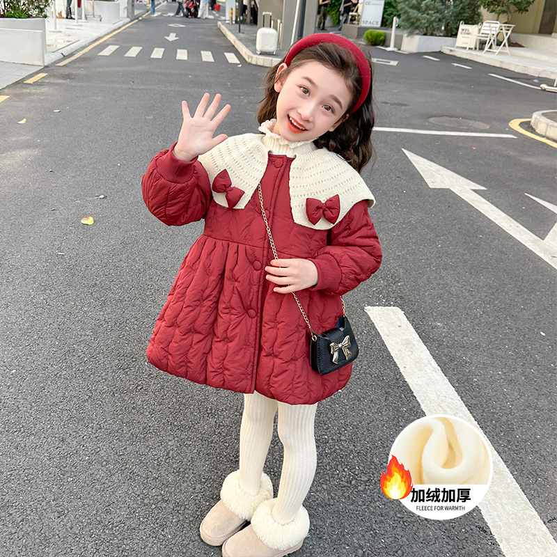 女童红色加绒棉衣儿童洋气冬装洋气棉衣2025新款女孩宝宝冬季外套