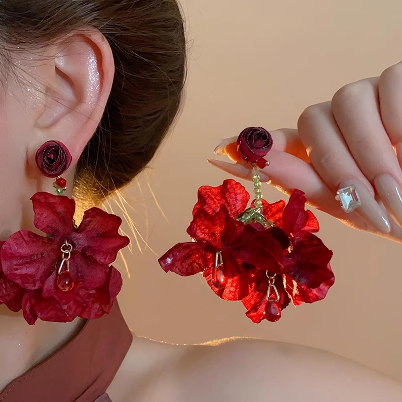 铜合金亚克力耳饰 玫瑰花朵流苏耳环个性夸张高级感轻奢小众耳坠