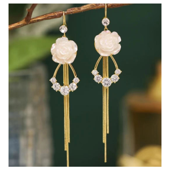 铜合金合成锆石耳饰 唯美白玫瑰花开气质时尚百搭优雅轻奢耳环167