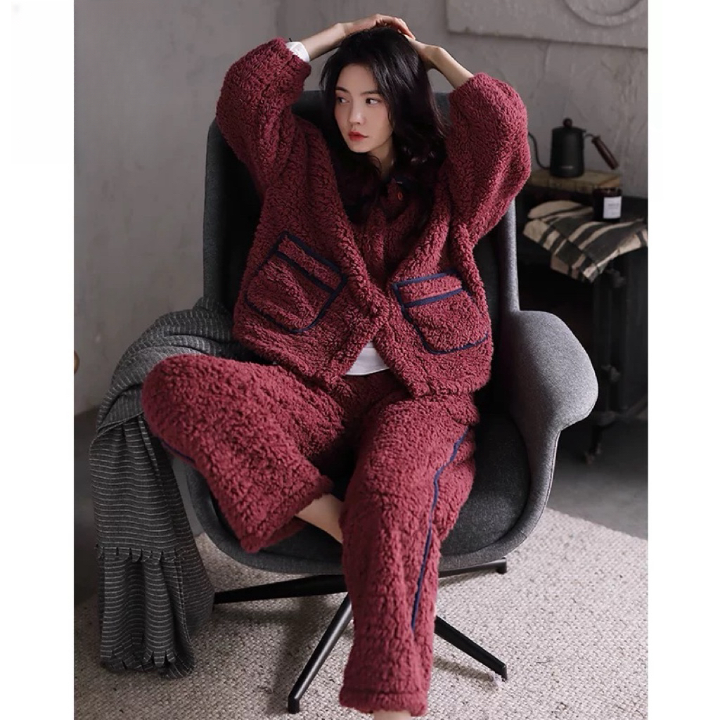 新款保暖加厚加绒暗红色睡衣女士冬季珊瑚绒秋冬羊羔绒家居服套装