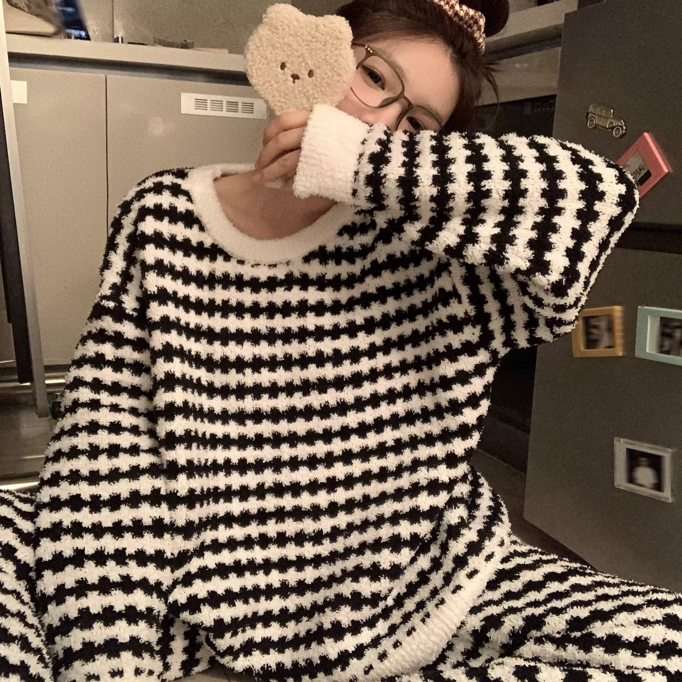 秋冬季新款韩版甜美风加厚加绒条纹长袖双面绒睡衣女保暖套装