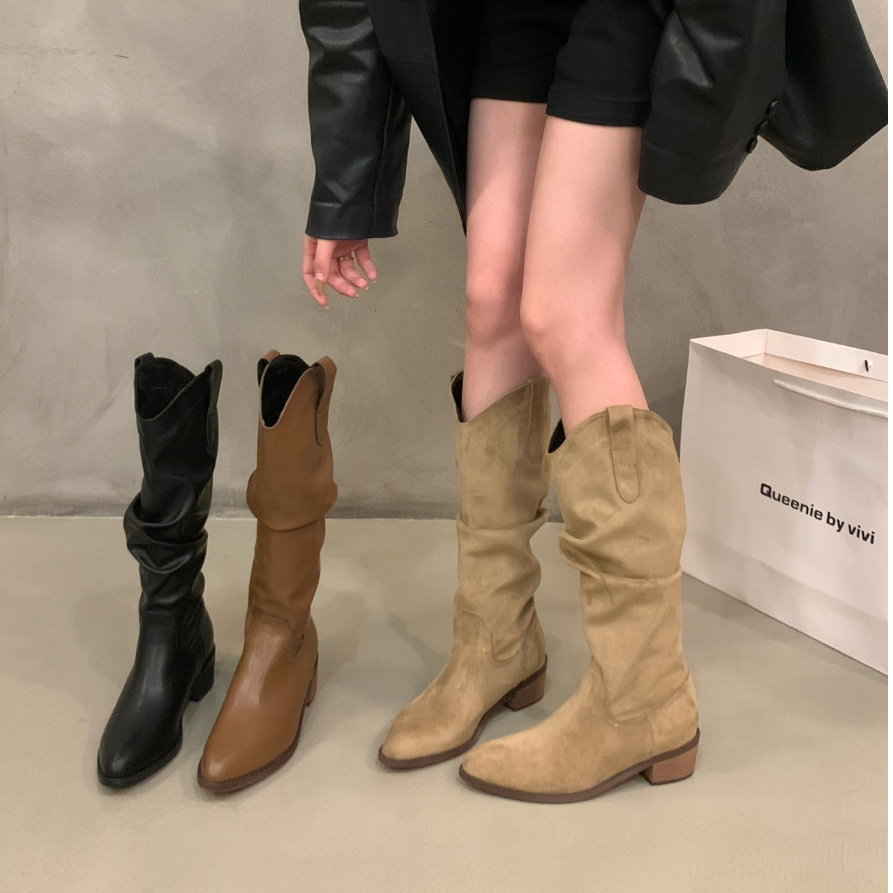 复古棕色V口堆堆中筒长靴女鞋2024春秋冬季尖头西部牛仔长筒靴子