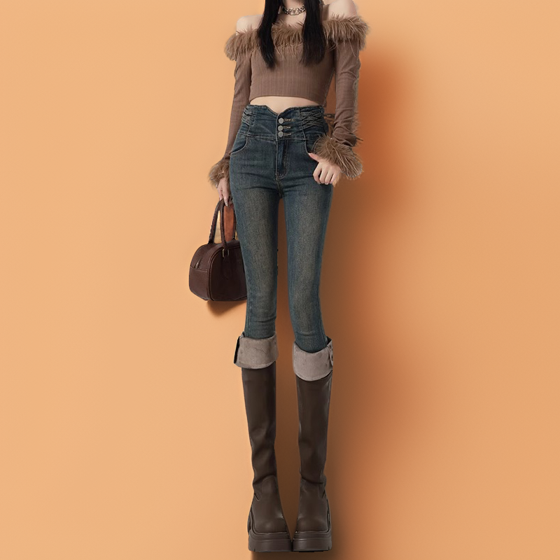 高腰牛仔裤女2024新款紧身秋冬季弹力加绒显高显瘦