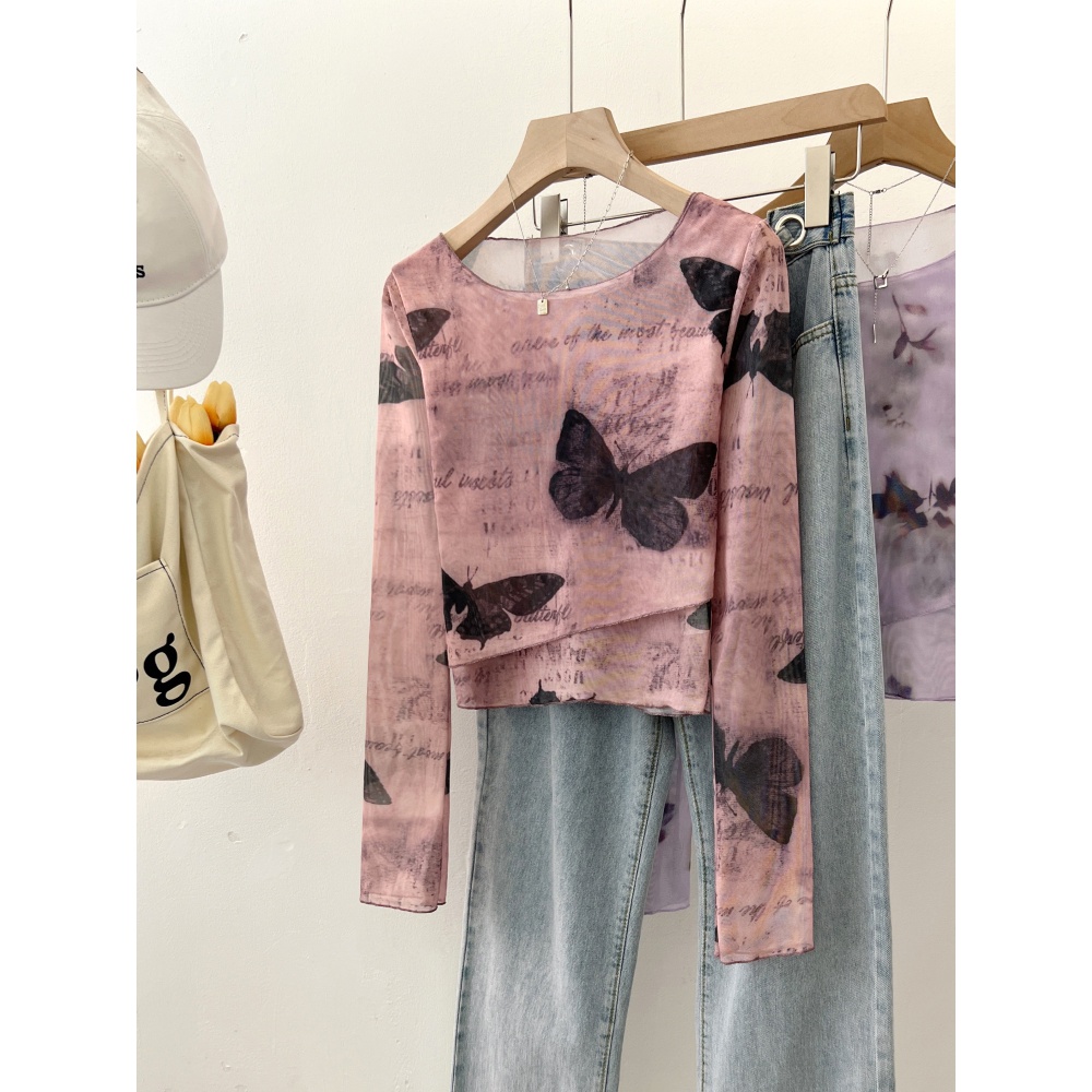 扎染网纱U领长袖T恤女2025秋季新款不规则修身短款打底衫辣妹上衣